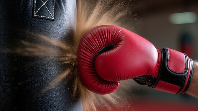 Close-up of a red boxing glove striking a black punching bag, dust flying from impact, highlighting power, precision, and intensity of boxing training