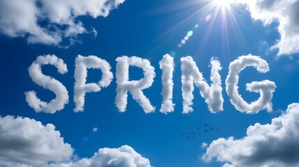 Spring season text formed by fluffy white clouds against a bright blue sky with sun rays