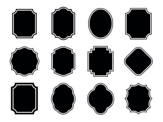 A collection of twelve unique black label frames on a white background.