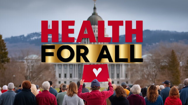 Group of people gathered at rally holding signs advocating for universal health care. Distant view of government building in background, overcast skies signal somber yet determined mood