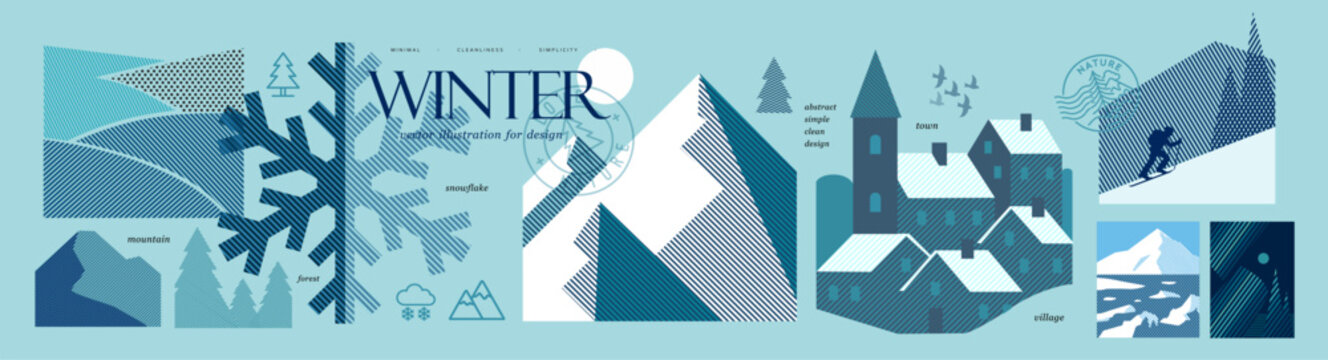 Abstract winter vector geometric set with mountains, nature snowflake, forest, european village, country and skier. Minimal clean design for seasonal poster, icons, background, branding, card.
