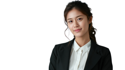 Professional Confidence: A poised and confident businesswoman exudes a serene aura, her focused gaze embodying professionalism. She wears a formal business suit.