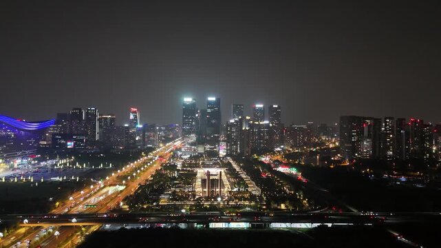 Chengdu Night Skyline with City Lights and Traffic