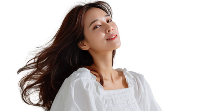 Radiant Portrait: A woman embodies natural beauty and tranquility, her hair flowing freely, and a captivating smile. - Powered by Adobe