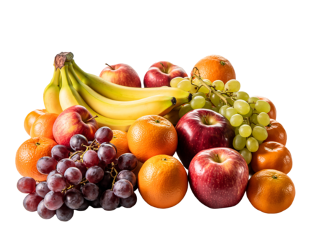 Fresh fruits arranged on white surface displaying vibrant colors and textures in a healthy and appetizing still life, perfect for nutrition concepts.