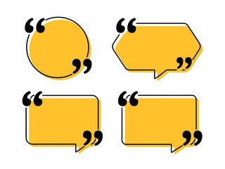 Four different shapes of speech bubbles with quotation marks on a white background.