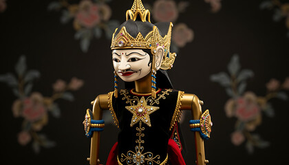 Explore Javanese culture with this intricately detailed Wayang Golek puppet. Its golden accents and vibrant jewels add elegance to any creative project.