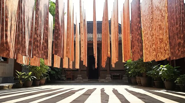 Batik fabrics drying in the sun, creating beautiful shadows on the ground.