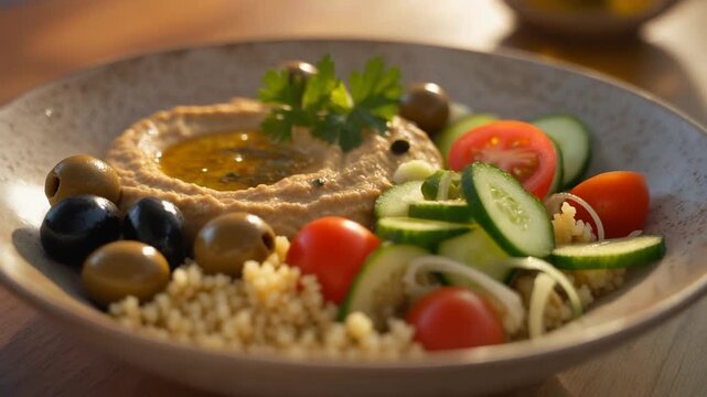 Delicious healthy Mediterranean couscous bowl with creamy hummus, fresh vegetables, and olives
