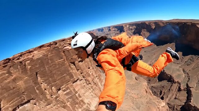 Person in wingsuit flying through canyon with blue sky and rocky mountains