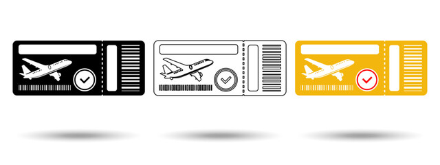Flight ticket icon. Flight ticket icon on a white background, isolated. The icon has three uses in applications and websites. Vector illustration. Flight ticket icon on a white background.