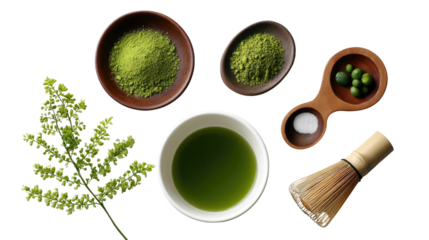 Matcha Ceremony Elements: An overhead view showcases the refined elements of a traditional matcha ceremony, inviting the viewer to appreciate the delicate art of preparation and taste.