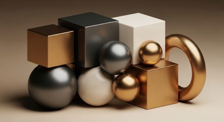 Abstract Composition of Metallic Geometric Shapes and Forms