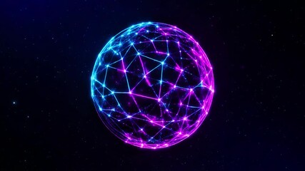 A glowing digital sphere with vibrant energy waves and particle textures. Bright neon colors in blue, pink, and purple on a dark background. Futuristic and abstract look with dynamic light rays.