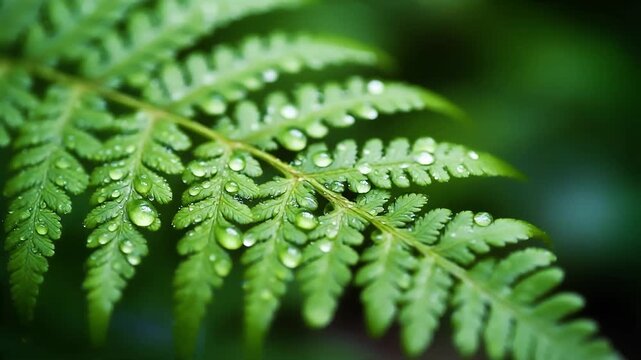 Close-up of a green fern leaf with water droplets on it, showcasing the intricate details of the leaf structure