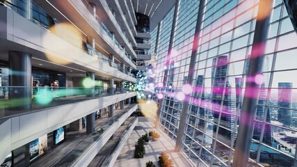 Modern shopping mall interior with multi level retail spaces and digital network overlay representing commercial connectivity and data flow. Contemporary architecture features glass facades, open - Powered by Adobe