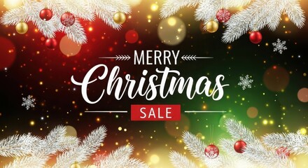 Merry christmas sale with festive decorations and bokeh lights