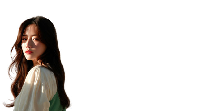 Elegant Woman in Natural Light: A captivating woman with flowing hair, bathed in the soft glow of natural light, gazes gently. A portrait of serene beauty.