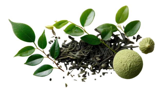 Green Tea Ingredients: An artistic presentation of tea leaves and related ingredients, offering a visual journey into the essence of tea preparation and appreciation.
