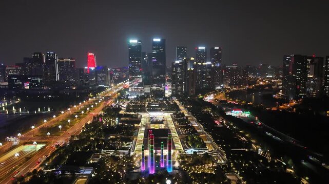 Chengdu City Night Skyline with Illuminated Towers and Vibrant Lighting