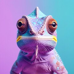 Colorful chameleon portrait with large eyes and blue, purple, and yellow gradient background, looking directly at viewer
