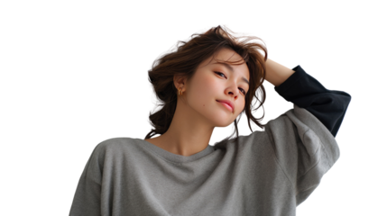 Serene Portrait of a Person in Thoughtful Moments: A radiant individual, bathed in natural light, thoughtfully touches their hair, a look of contemplation gracing their face.