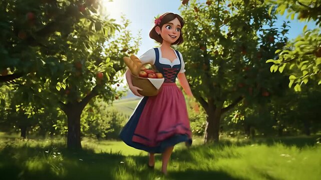 A charming animated woman in a dirndl walks through a sun-dappled orchard, carrying a basket of apples.