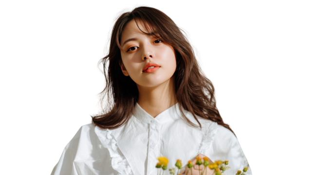 Radiant Beauty's Gentle Pose: A captivating young woman, exudes an aura of natural grace. With a serene expression and the soft touch of flowers, she embodies a moment of serene charm and quiet joy.