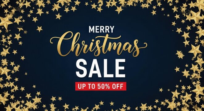 Merry christmas sale up to 50 percent off with gold stars