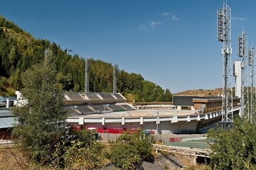 View of the Medeu (Medeo) alpine skating rink near Almaty city. Kazakhstan. Asia.