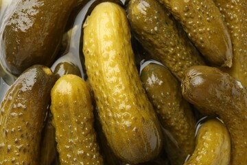 Pickled cucumbers in brine as background, closeup