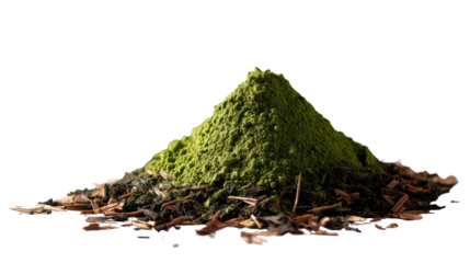 Vibrant Matcha Mountain: A striking image of finely ground matcha powder is artfully presented, a testament to the vivid green hue and the rich flavors within.