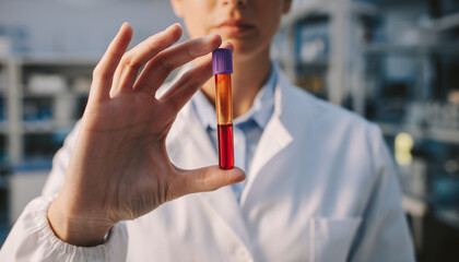 Lab Analyst Inspects Test Tube: A lab analyst, in crisp attire, carefully examines a test tube filled with a bright, red-hued solution, suggesting a crucial experiment, analysis.