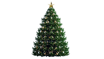 Fototapeta premium Christmas tree stands tall adorned with ornaments and a star on top, casting a festive glow in a holiday scene.