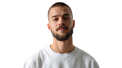 Portrait of Confidence: A focused man with a neatly trimmed beard and short hair gazes directly at the viewer, exuding an air of understated confidence. The image captures the man's relaxed pose.