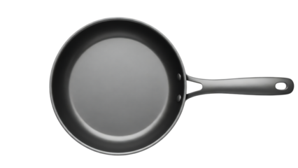 Top down view of a clean silver frying pan with a gray handle on transport background