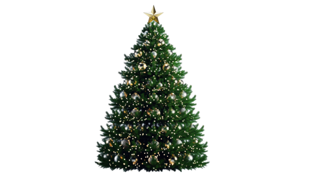 Christmas tree stands tall adorned with ornaments and a star on top, casting a festive glow in a holiday scene.