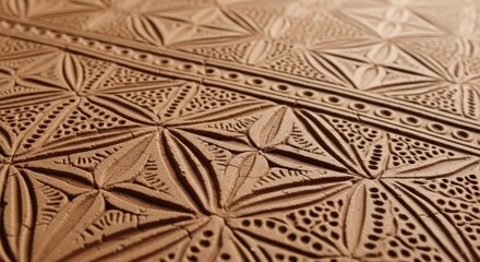 Intricate Wood Carving Featuring Traditional Geometric and Floral Patterns