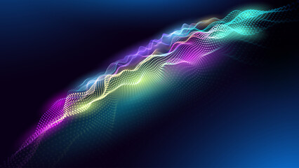 Colorful Abstract Dotted Wave Background With Glowing Particles And Flowing Lines On Dark Gradient. Futuristic Digital Technology Effect. Vector Illustration.