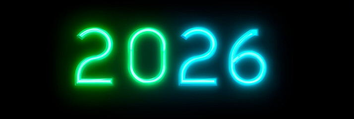 Vibrant neon numbers "2026" glow with a green and blue gradient against a dark background, symbolizing a futuristic new year or upcoming event.