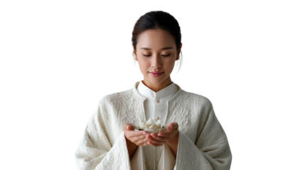 Serene Reflection: A woman gazes peacefully at a collection of delicate flowers held gently in her hands. The image radiates tranquility and an atmosphere of introspective contemplation.