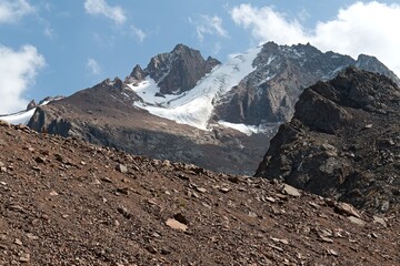  Bogdanovich Glacier with Chkalov Peak in the background. Tian Shan Mountains near Almaty city. Kazakhstan. Asia.