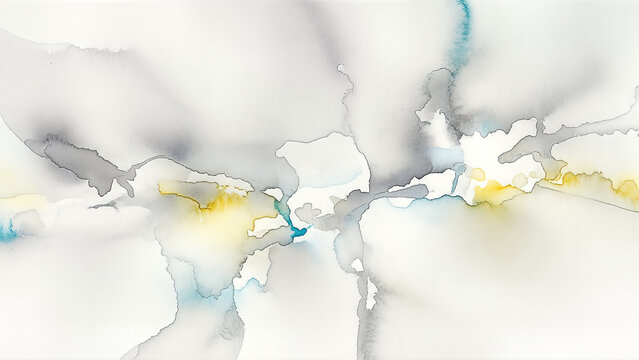 Modern Abstract Watercolor Art: Serene Grey, Golden Yellow, and Teal Ink Blends on White Canvas - Powered by Adobe