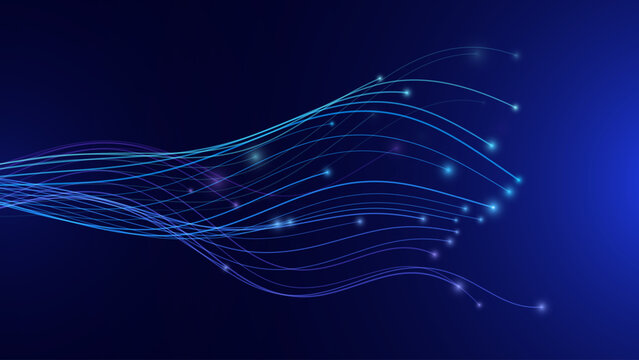 Neural Network Data Lines Flowing in Abstract Digital Space. AI Neuron Connections Showing Synergy and Communication on Futuristic Background. Vector Illustration.