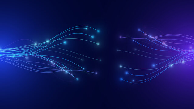 Neural Network Data Lines Flowing in Abstract Digital Space. AI Neuron Connections Showing Synergy and Communication on Futuristic Background. Vector Illustration.