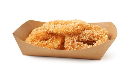 Deep fried squid rings in takeaway paper box isolated on white