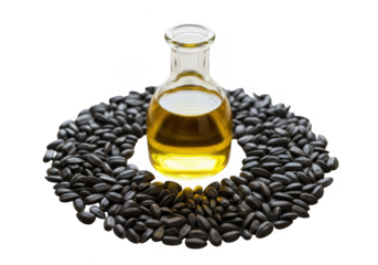 Sunflower oil in glass bottle surrounded by seeds isolated on transparent background for food and cosmetic branding