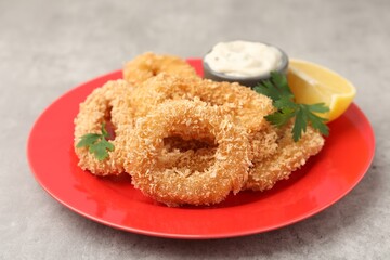 Deep fried squid rings with parsley, sauce and slice of lemon on grey textured table, closeup