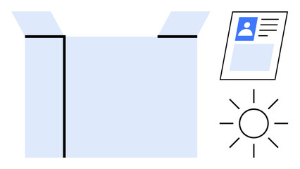 Unboxing concept. Open box, ID card, and sun icon new opportunities, personal identity, and bright possibilities. Unboxing for creativity, ecommerce, delivery innovation business