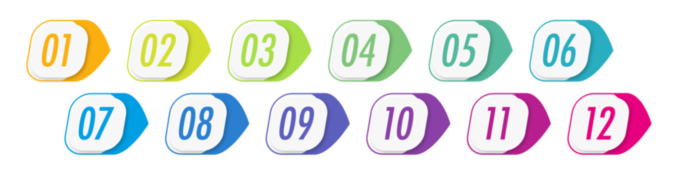 Bullet points numbers from 1 to 12 list markers. Numbered markers from one to twelve clean style for highlighting steps, options, features in digital and print media